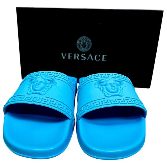 Versace Palazzo Men\'s EU 45 US 12 Sky Medusa Head Blue Pool Slides $395 NIB main image 8